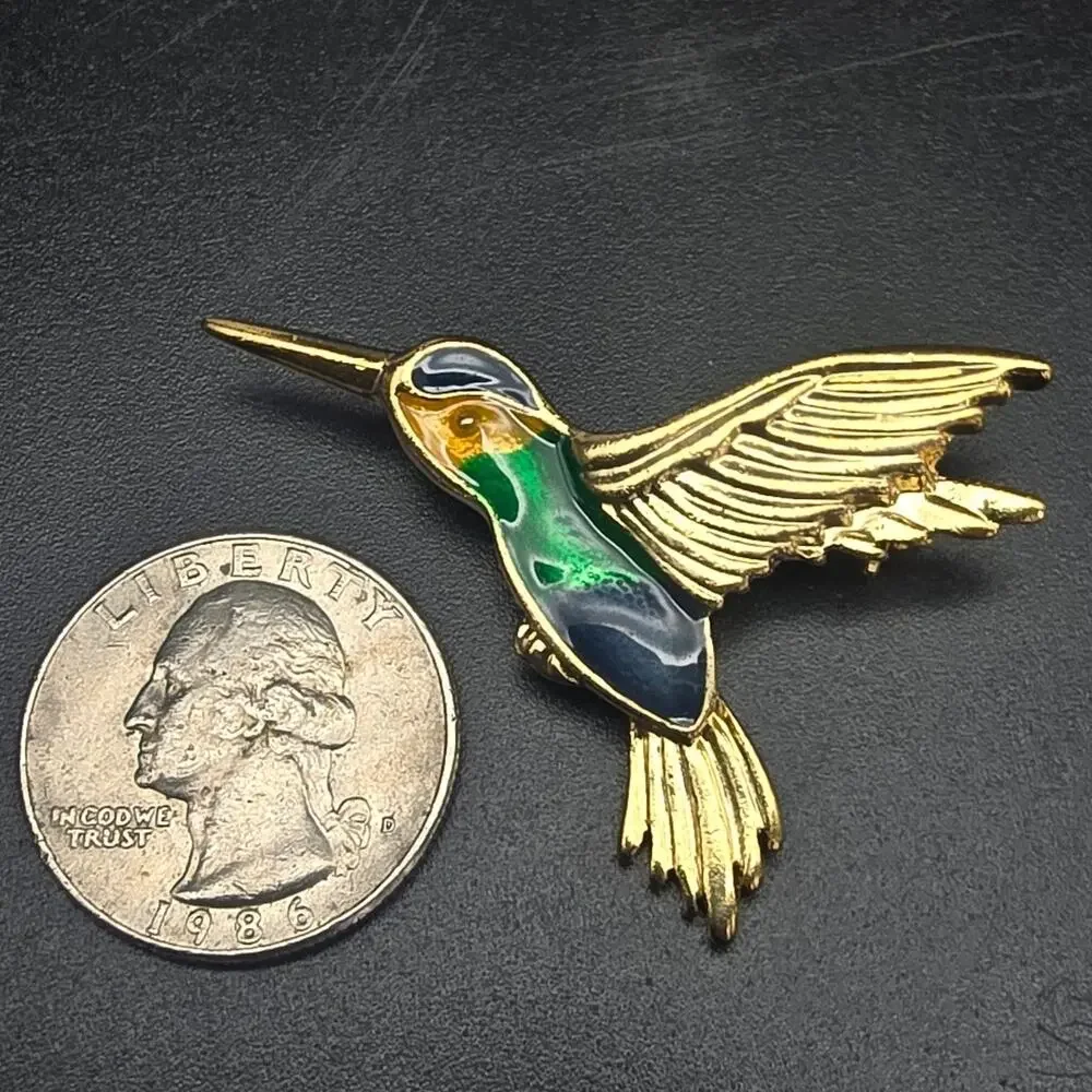 Danecraft Hummingbird Brooch Gold Tone Green Blue Bird Animal Jewelry